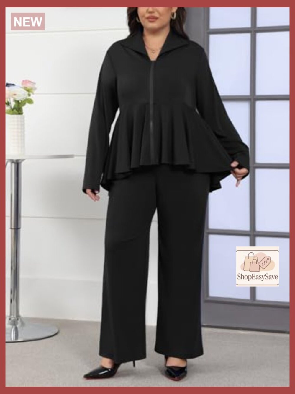 Two Piece Long Sleeve Zip Up Peplum Jacket Wide Leg Pant Suit Set Dressy - Picture 3 of 7